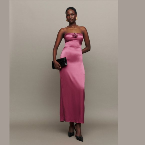 Reformation Frankie Silk Dress | Strawberry Wine Rosette  🕸Silk🕸 🎉NEW 🎀 ✂🏷️ - Picture 2 of 13